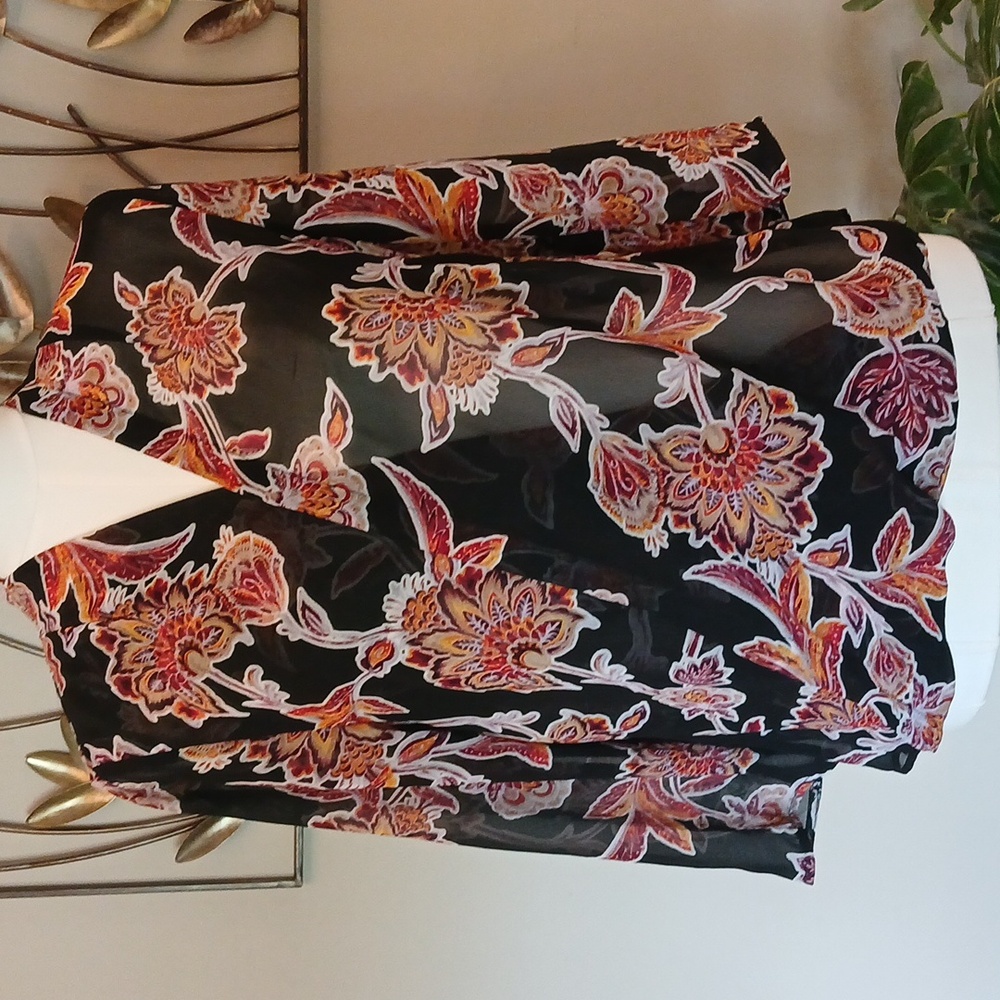 Floral Liz Claborne Sheer, Black, Yellow, Orange Blouse